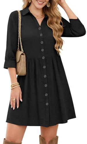 WNEEDU Robe Chemise Femme Ete Chic et Elegant Manche 3/4 Robe de Plage | Courte, avec poches, taille empire, les boutons peuvent être défait