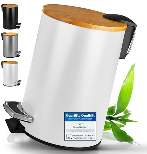 HIBATH® Kosmetikeimer aus Edelstahl mit Bambusdeckel (3 Liter, weiß) - Badezimmer Abfalleimer mit Absenkautomatik - Praktischer Mülleimer - WC-Treteimer