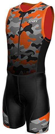 Sparx Men`s Triathlon Suit Trisuit Race Skinsuit Cycling Speed Suit Italian Fabric Swimskin (Orange_Camo_M)