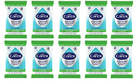 Carex Lot de 10 paquets de 15 lingettes antibactériennes biodégradables