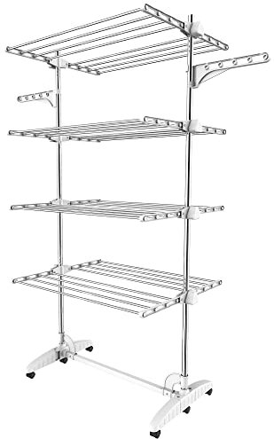 Todeco Etendoir à Linge intérieur à 4 Niveaux, Séchoir à Linge Pliant en Acier Inoxydable, Sèche-Linge Etendoir Pliable avec Ailes réglables en Hauteur pour Terrasse Jardin, Blanc