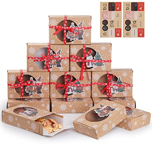 Geepen Boîtes à biscuits de Noël - 12 boîtes en papier kraft marron avec fenêtre transparente et autocollants de fête