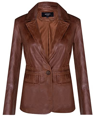 Ladies Tan Brown Real Leather Blazer Jacket Casual Retro One Button Classic S
