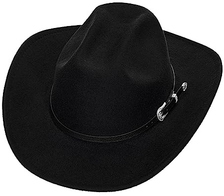 Sombrero de Fieltro clásico de ala Ancha para Mujeres y Hombres, Sombrero de Vaquero Occidental y Vaquero con ala Enrollable, Sombrero de Fieltro, con cinturón, Negro, Medium