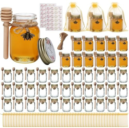 Woaiwo-q Mini Glass Honey Jars, 2 oz Glass Jars with Lids，48 Pack Small Jar with Wooden Dippers, Mini Clear Bottles with Lids for Thank You Gifts,Baby Shower, Wedding Favors,Honey Jars Party Favor