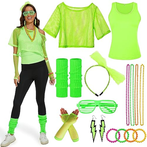 Ulikey 80-tals 90-tals outfit dam, 80-tals kläder damset, nättröja, linne, halsband, armband, örhänge, glasögon, pannband, 90-tals neon party outfit temafest tillbehör (grön, L)