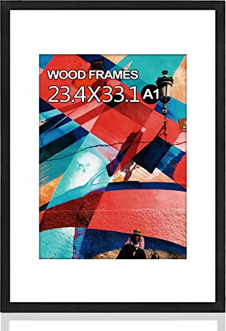 A1 Poster Frame,59.4 x 84.1 cm Natural Soild Wood Black Picture Frames 23.4x33.1in Frame with Polished Acrylic Glass, Display Picture A1 without Mat or A2 with Mat for Hang Portrait or Landscape