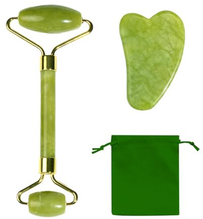 1 rullo per il viso, 1 lama Jade Gua Sha, Jade Roller Gua Sha Set, rullo per il viso, sollievo da linee sottili e rughe, dispositivo per la cura della pelle, massaggiatore per il viso, massaggiatore