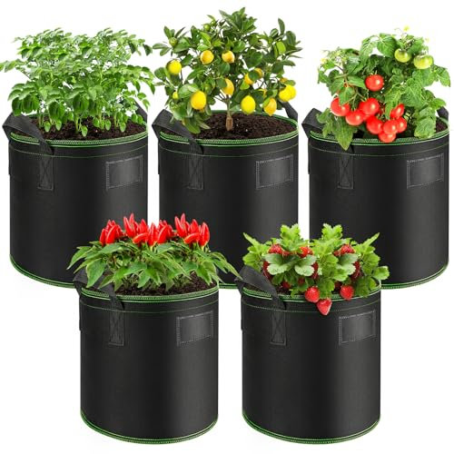 Enbagold Lot de 5 pots de culture avec poignées, pots en tissu pour plantes, pommes de terre, tomates, légumes, radis, fraises, noir