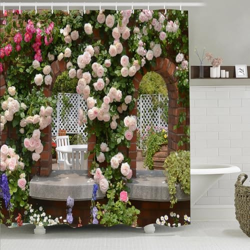 Simpomsy Design Shower Curtain, Pink Rose Shower Curtain Green Plant Spring Garden Landscape Bathroom Curtain Waterproof Cloth Fabric Bathroom Decor Set with Hooks 200x180cm