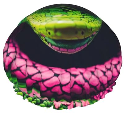 Grand bonnet de douche imprimé serpent vert, bandeau élastique, double couche imperméable pour cheveux de bain, pour homme et femme