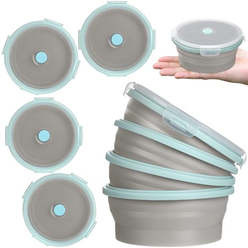 Suclain 4 Stück Campingschüssel mit Deckel, faltbare Silikon-Lunchbox, Salatschüssel, erweiterbarer Lebensmittelbehälter, faltbarer Reisebehälter für Wandern, Camping (blauer Rand, Grau, 340 ml)