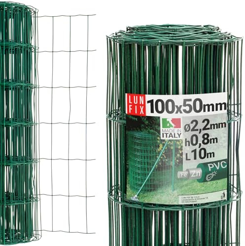 Malla metalica verde PVC 100x50mm, malla galvanizada Ø2.2mm 80cm x 10m, red de alambre para jardin y gallinero, rollo resistente exterior, Lun Fix