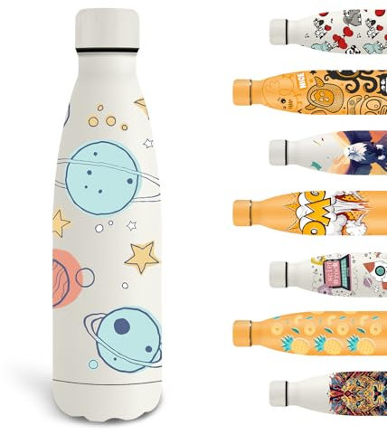 Grsta Gourde Isotherme, 500ml Gourde Enfant, Gourde Personnalisée avec Planète, Gourde Sport Sans BPA, Double Paroi Isolante, Bouteille d'eau anti Fuite, pour l'École, Bureau, Voyage, Sports, Blanc