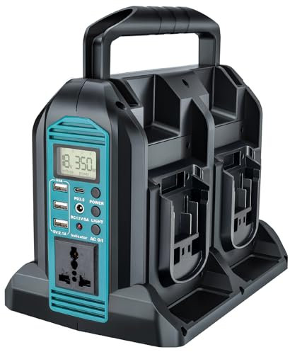 350w Wechselrichter für Makita 18v Akku, DC 18V auf AC 230V Reiner Sinus Spannungswandler, 4 Ports Stromwandler mit USB-A & USB-C Anschluss, 300LM LED Licht für Camping Notfall