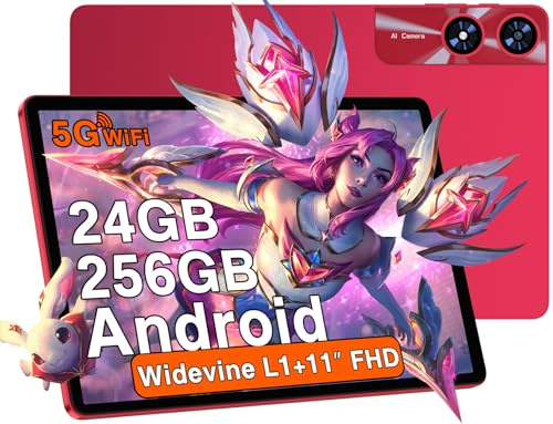UJJ Tablette Android Tablette 11 Pouces, 24 Go RAM + 256Go ROM (Extensible 1To), 8000mAh,Tablette Tactile, Octa-Core, 2.0Ghz, 5G WiFi, Tablette Widevine L1, 5MP+13MP, Bluetooth 5.0, 1280 * 800, Rouge