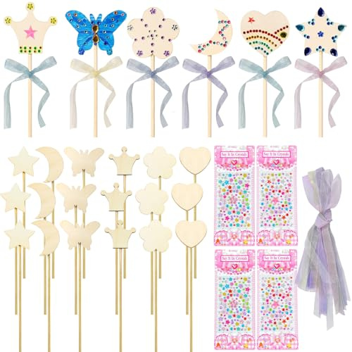 TYXHXTF Fairy Wands, Princess Fairy Wands Kit, DIY Magical Wand, DIY Crafts, Craft Kits, Unfinished Wooden, with Gem Stickers, Arts Crafts, Gifts for Girls, for Birthday Halloween Party (18)