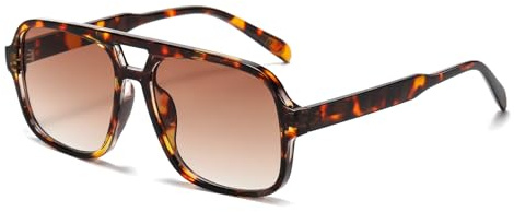 Long Keeper Retro Doble Puentes Square Gafas de sol Mujer Hombre 70s Piloto Estilo UV400 Gafas de Protección para Conducir (LeopardoGradualMarrón)
