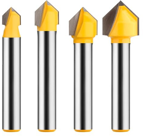 UTRUSTTO 90 Degree V Groove Router Bit Set 1/4 Inch Shank, CNC Engraving V Grooving Bit Cutter for Woodworking Carving, Cutting Diameter: 1/4, 5/16, 3/8, 1/2