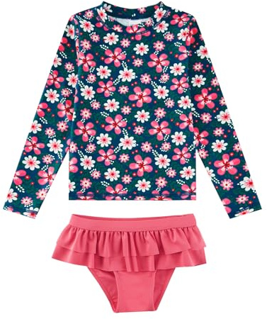 Mädchen Badeanzug Langarm Tankini UPF 50+ Sonnenschutz Mädchen Rash Guard Set 3-8 Jahre, Marine-Blume, 5 Jahre