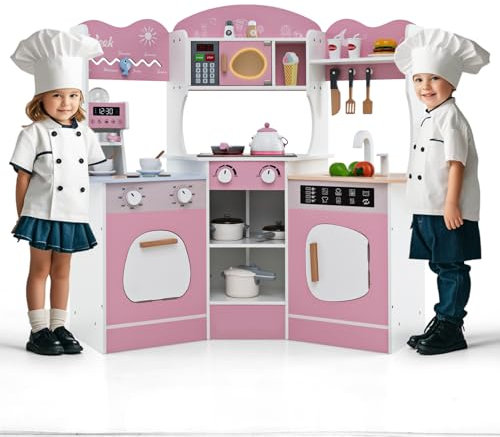GOPLUS Cuisine en Bois Enfant, Jeu de Cuisine d'angle pour 3+ Ans avec Lumières et Son, Machine à Café, Four, Micro-Ondes, Machine à Laver, Grand Rangment, Accessoires de Cuisine (Rose)