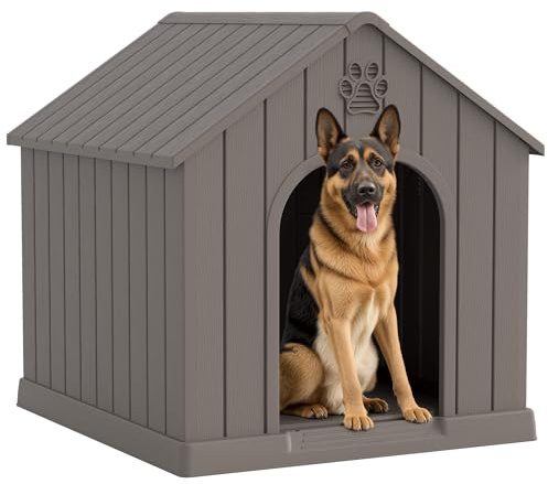 Fancyango Large Dog House Outdoor Indoor for Medium Large Dogs, Sturdy Plastic Waterproof Doghouse with Air Vents and Elevated Floor, Easy Clean and Assemble (Grey, 36.2''L×38''W×38''H)