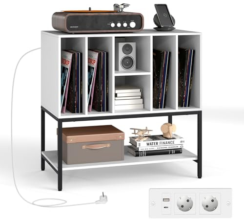 COSTWAY Support Tourne-Disque avec Prise, Rangement Platine Vinyle avec Étagères, 6 Compartiments, Rangement CD/Album/Disque, Meuble Bibliothèque pour Manga (Blanc)