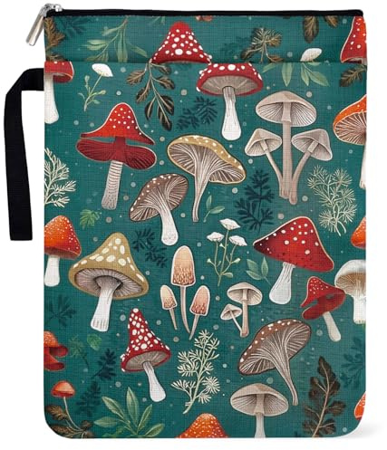 Spring Mushroom Book Sleeve Pouch for Book Lovers, Bookish Group Club Gifts for Women, Paperback Sleeve for Librarian Lovers, Book Cover with Zipper and Front Pocket for paperbacks 9 x 12 Inch