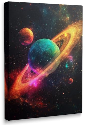 Vibrant Colorful Planets and Galaxy Space Scene Canvas Wall Art Framed Trippy Painting Prints Posters Artwork for Boys Room Kids Space Themed Bedroom Wall Decor Gift 12x16 Inches