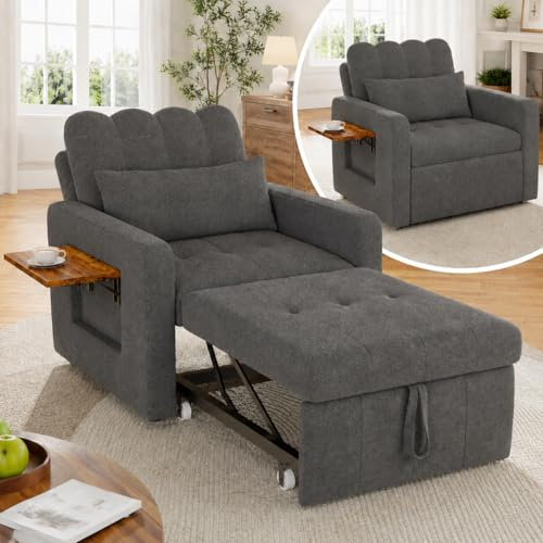 Cabriolet 3-i-1 bäddsoffa, bäddsoffa med vardagsrumsfunktion bekväm soffa med justerbart ryggstöd 1-sits soffa med bord och sidofickor gästsäng (grå)