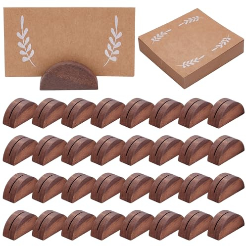 INTERWARM 50Pcs Wooden Table Number Stands with Tented Cards, Coconut Brown | Semicircular Place Card Holders with 50 Paper Table Cards for Name Tags, Restaurant Menus, Wedding, Birthday & Banquet Events