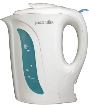 Proctor Silex Electric Tea Kettle, Water Boiler & Heater Auto-Shutoff & Boil-Dry Protection, 1000 Watts for Fast Boiling, 1 Liter, White