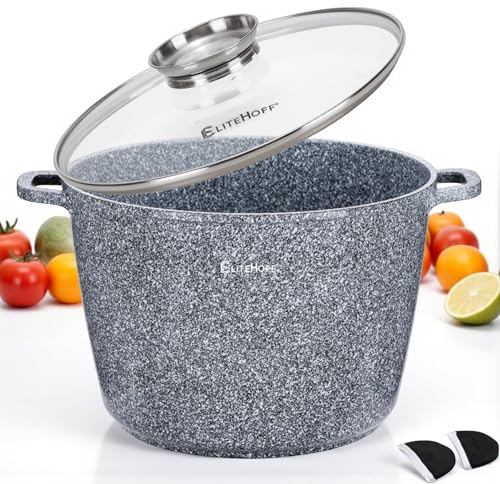 EliteHoff kokkärl, soppgryta i gjuten aluminium med non-stick-beläggning, induktionsgryta med glaslock, för alla typer av spisar inklusive induktion, gas, el, halogen, keramik (grå, 15 l Ø 32 cm)
