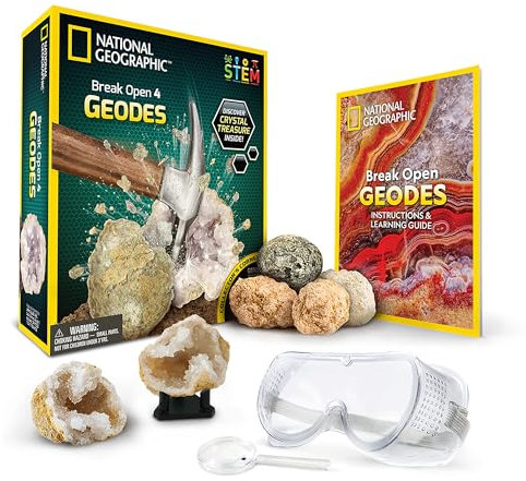Blue Marble NATIONAL Geographic 4 Geoden Aufbrech-Set – Mit Schutzbrille & Ausstellungsständer – Mint Wissenschaftsset für Jungen & Mädchen, Brich Deine eigenen Geoden auf