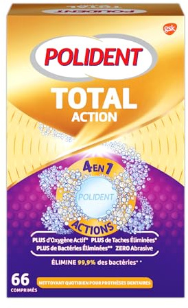 Polident Nettoyant Total Action, Pour Prothèses Dentaires Partielles ou Complètes, Réduit La Formation de Plaque, 66 Comprimés