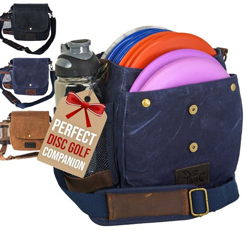Disc Living Disc Golf Bag | Frisbee Golf Bag | Waxed Canvas Fits Up to 10 Discs | Belt Loop | Adjustable Shoulder Strap Padding | Double Magnetic Button Design | Bottle Holder (Leather - Blue)