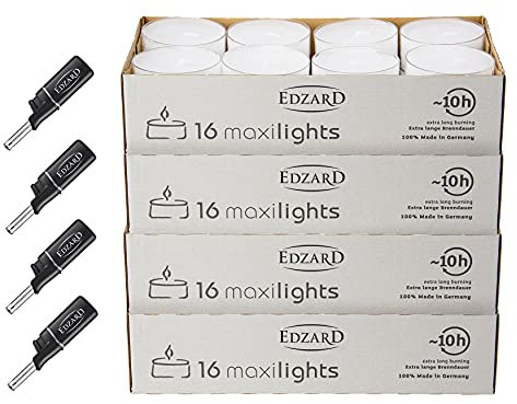 Edzard Wenzel Maxilights - 64 Candele scaldavivande maxi, con 4 mini accendini, 54 mm di diametro, 10 ore di combustione, bianche, in paraffina, per vetro, lumini notturni grandi