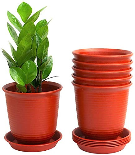 KAHEIGN 6 Pièces Pots De Fleurs En Plastique, 15,5cm Épaissir Les Pots De Plantes Conteneur De Plantes Pot De Jardinage D'intérieur Avec Palette De Drainage (Rouge Brique)