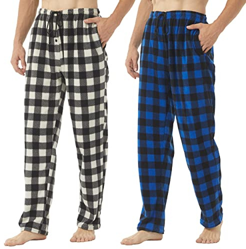 YUSHOW Pantalon Pijama Hombre Largos de Felpa a Cuadros Pantalones Ropa de Invierno Casa Casuales Dormir de Pantalone Paquete de 2 Pantalón Pijamas Navidad,Cuadros Grises + Cuadros Azules,XL