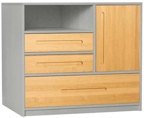 BioKinder Kommode Sideboard Lina mit 3 Schubladen und Tür aus zertifizierten Bio-Massivholz Kiefer Elefantengrau lasiert und Bio-Massivholz Erle 110 x 90 x 55 cm
