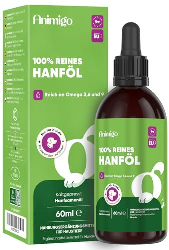 animigo Aceite de Cáñamo 100% Puro para Perros 60ml - Calmante y Antiestrés, Fuente de Omega 3, 6 y 9, Mejora el Sueño y Cuida Sus Articulaciones, Piel y Pelo, Sin Sabor y Muy Fácil de Usar
