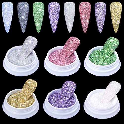 6 Farben Glitzer für Nägel, Kristall Diamant Nägel Glitzerpulver, Schimmernder Effek Glitzerpuder Nageldesign Glitzer Pulver Nagel für Nagelkunst DIY Dekorationen
