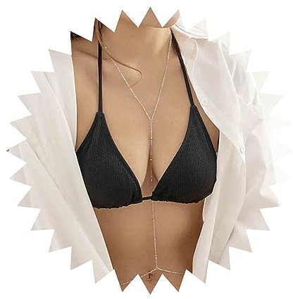 Yheakne Boho Sklavenkette Körperkette Silber Bikini-BH-Kette Halskette Lange Perle Geschirr BH Halskette Strand Körperkette Schmuck Für Frauen Und Mädchen Sommer Geschenke (Silber)