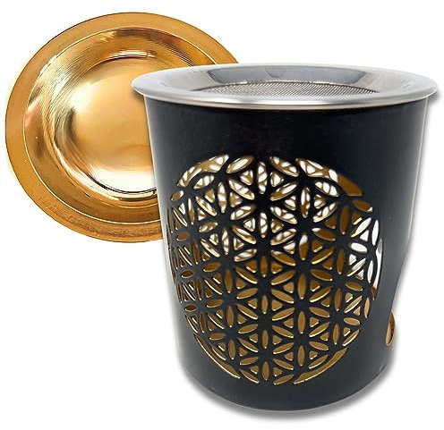 Trintura Räucherstövchen mit Räuchersieb und Räucherschale zum Räuchern Set (Blume des Lebens Schwarz)