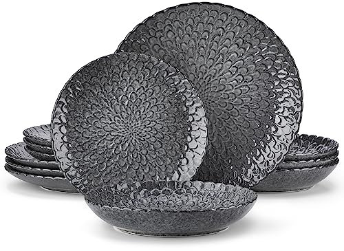 vancasso Chrys Service de table combiné en faïence pour 4 à 12 personnes, 12 pièces avec assiettes plates, assiettes creuses et assiettes à dessert Gris