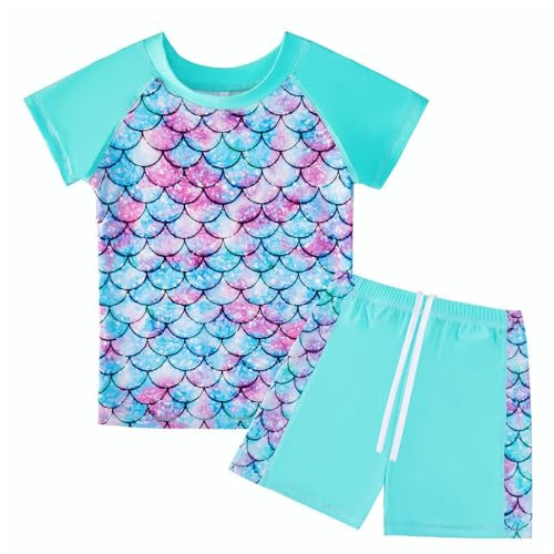 Maillot de Bain Fille Anti UV Deux Pièces Combinaison Anti UV Fille Manches Courtes pour Filles De 5-6 Ans