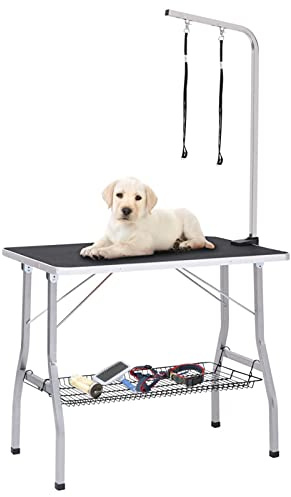 BAZZI Mesa de corte ajustable para perros, mesa de aseo con 2 trabillas y cesta, tocador, mesa de peluquería para perros, tocador para mascotas, peluquería para perros con ruedas