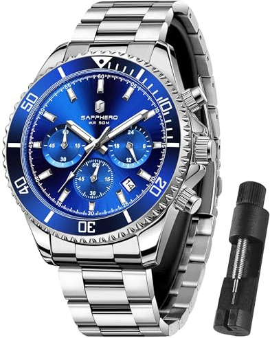 SAPPHERO Uhren Herren Chronograph Analog Quarz 50M Wasserdicht Armbanduhr Herren Mode Lässig Business Herrenuhren mit Kalender Edelstahlarmband Uhr Geschenk für Männer