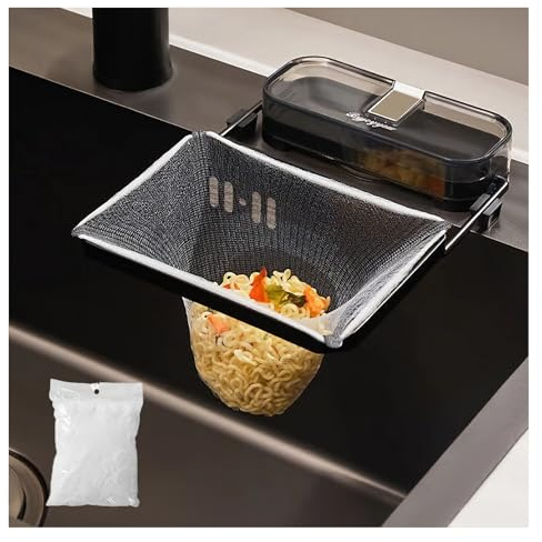 Sink Drain Strainer 2025 New Suction Cup Sink Kitchen Net Strainer Colander Collapsible Corner Sink Strainer Over for Food Waste Filtering Kitchen Leftover Have Mesh Bags (Black, Filter 50Pcs)