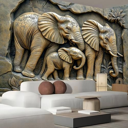 Fotomurales 3D Efecto Relieve Animales Papel Tapiz Fotográfico, 400×280Cm Papel Pintado Fotográfico Decoración, Elefante Pared Murales Para Salón Dormitorio Habitación